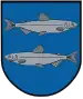 A coat of arms depicting a silver fish swimming to the right on the top and another fish swimming to the left on the bottom all on a blue background