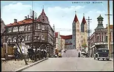 1930年代的中山路肥城路路口，海恩大楼旧址、天主教堂及福利洋行旧址