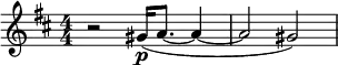 
\relative c' {
  \key d \major
  \numericTimeSignature
  \time 4/4
    r2 gis'16\p( a8. ~ a4 ~ | a2 gis2) | 
   }
