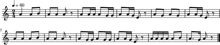 {
\key a \minor \time 2/4 \tempo 4=60 \relative d' {
a'4 a8 b| a a a r| a a16 a a8 g16 g| a8 a16 g e8 r|
a8 g a g a a16 g e8 r| a a a b| a a a r|
a g16 g a8 g16 g| a8 a16 g e8 r| a16 a a a a8 b a8. g16 a8 r \bar "|."
 }
\addlyrics {
 か ご め か ご め か ご の な か の と り ー は
 い つ い つ で や ー る よ あ け の ば ん に
 つ る と か め と す べ っ た う し ろ の しょう めん だ ー れ
 }
}