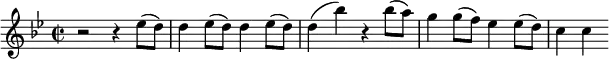 
{
\key g \minor
\time 2/2
  r2 r4 es''8( d''8)
  d''4 es''8( d''8) d''4 es''8( d''8) 
  d''4( bes''4) r4 bes''8( a''8)
  g''4 g''8( f''8) es''4 es''8( d''8)
  c''4 c''4
  }
 