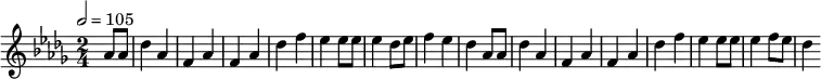 \relative c'' { 
  \set Staff.midiInstrument = #"piano"
  \tempo 2 = 105
  \key des \major
  \time 2/4
  \partial 4 as8 as des4 as f as f as des f es es8 es es4 des8 es f4 es des as8 as des4 as f as f as des f es es8 es es4 f8 es8 des4
}