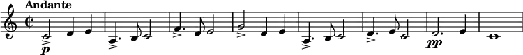 
\relative c' { \set Staff.midiInstrument = #"french horn"
  \set Staff.midiMinimumVolume = #0.7
  \set Staff.midiMaximumVolume = #1.0
  \tempo "Andante"
  \tempo 4 = 80
  \key c \major
  \time 2/2
  c2->\p d4 e4 | a,4.-> b8 c2 | f4.-> d8 e2 | g-> d4 e | a,4.-> b8 c2 | d4.-> e8 c2 | d2.\pp e4 | c1
}
