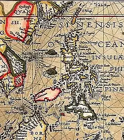 1592年荷蘭人普朗修斯（）取得葡萄牙圖資所繪《摩鹿加群島》局部，繪出福爾摩沙、菲律賓與東南亞