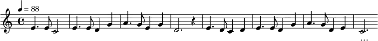 
\relative c'{
      \key c \major \time 4/4 \tempo 4 = 88
      e4. e8 c2 | e4. e8 d4 g | a4. g8 e4 g | d2. r4 |
      e4. d8 c4 d | e4. e8 d4 g | a4. g8 d4 e | c2. 
}
    \addlyrics {
      人 人 人 代 謝 靡 盡 先 後 覺 新 民
      可 能 可 能 陶 冶 精 神 道 德 潤 心 身…
}
