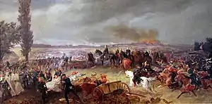 An oil painting of a battlefield, with several mounted cavalry in black; an indistinct city burning on the horizon.