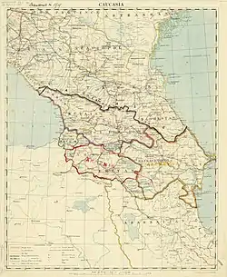 1918年英國陸軍绘制的高加索地图，中间突出部分是外高加索民主联邦共和国的继承国，主张领土与现今基本一致