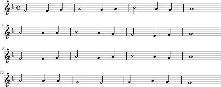 
\new Staff <<
\clef treble \key f \major {
      \time 2/2 \partial 1    
      \relative f' {
	f2 f4 g | a2 g4 a | bes2 a4 g | a1 \bar"" \break
        a2 a4 a | bes2 a4 g  | f2 e4 f | g1 \bar"" \break
        f2 f4 g | a2 g4 a | bes2 a4 g | a1 \bar"" \break
        a2 a4 a | g2 f  | g2 a4 g | f1 \bar"" \break
      }
    }
%\new Lyrics \lyricmode {
%}
>>
\layout { indent = #0 }
\midi { \tempo 2 = 54 }
