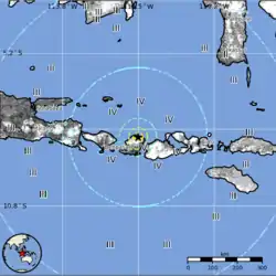 美国地质调查局发布的2018年龙目岛地震等震线图。该局将本次地震的全球地震响应快速评估（英语：）经济损失警报和人员伤亡警报级别定为黄色。