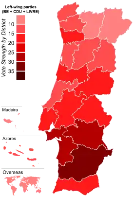 左翼政黨（左翼集團、联合民主联盟和LIVRE）在各個選區的得票率