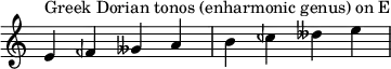  {
\override Score.TimeSignature #'stencil = ##f
\relative c' { 
  \clef treble \time 4/4
  e4^\markup { Greek Dorian tonos (enharmonic genus) on E } feh geses a b ceh deses e

} }
