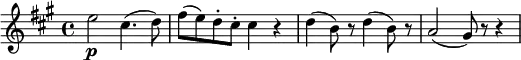 \new Score {
  \new Staff = "clarinet" {
    \transpose c a
    \relative c'' {
      \set Staff.midiInstrument = #"clarinet"
      \clef treble
      \key c \major
      \time 4/4
      \set Score.tempoHideNote = ##t
      \tempo 4 = 120

      g2\p e4.( f8) | a8( g) f-. e-. e4 r | 
      f4( d8) r f4( d8) r | c2( b8) r r4
    }
  }
}