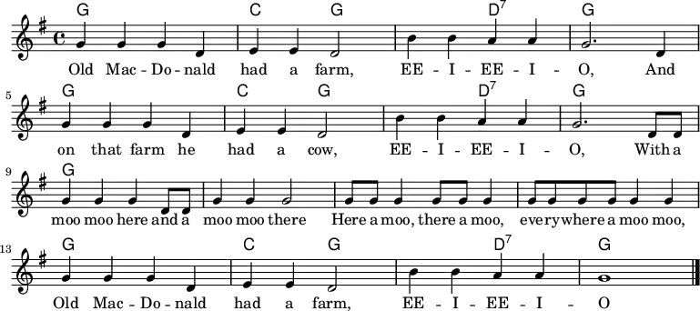 
<<
  \new ChordNames \chordmode {
    \time 4/4
    \set chordChanges = ##t
    g1
    c2 g1
    d2:7
    g1
    g1
    c2 g1
    d2:7
    g1
    g1
    g1
    g1
    g1
    g1
    c2 g1
    d2:7
    g1
  }
  <<
    \new Staff {
      \relative c'' {
        \key g \major
        \time 4/4
        g4 g g d
        e e d2
        b'4 b a a
        g2. d4 \break
        g4 g g d
        e e d2
        b'4 b a a
        g2. d8 d \break
        g4 g g d8 d
        g4 g g2
        g8 g g4 g8 g g4
        g8 g g g g4 g \break
        g g g d
        e e d2
        b'4 b a a
        g1
        \bar "|."
    } }
    \addlyrics {
      \lyricmode {
        Old Mac -- Do -- nald had a farm, EE -- I -- EE -- I -- O,
        And on that farm he had a cow, EE -- I -- EE -- I -- O,
        With a moo moo here and a moo moo there
        Here a moo, there a moo, eve -- ry -- where a moo moo,
        Old Mac -- Do -- nald had a farm, EE -- I -- EE -- I -- O
    } }
  >>
>>

