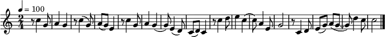  { \relative c' { \key c \major \time 2/4 \tempo 4=100
 r8 c'4 g8 a4 g r8 c4 (g8) a (g) e4
 r8 c'4 g8 a4 g (g8) e4 (d8) c (d) c4
 r8 c'4 d8 e4 c (c8) a4 e8 g2
 r8 c,4 d8 e (g) a (g~ g) d'4 c8 c2 \bar "|." }
 } 