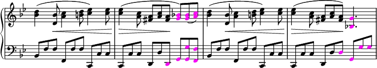 
 \relative c' {
  \new PianoStaff <<
   \new Staff \with { \remove "Time_signature_engraver" } { \key g \minor \time 9/8 \tempo 8 = 96
   \set Score.tempoHideNote = ##t
    <bes' d>4 (<d, bes'>8\< <a' c>4 <b d>8 <c ees>4) <c ees>8 | <c ees>4(\> <a c>8 <fis a> <a c> <fis a>\! \override Voice.NoteHead.color = #(rgb-color 1 0 1) <g bes!>8) <g bes>8 (<a c>8) \override Voice.NoteHead.color = #(rgb-color 0 0 0) |
    <bes d>4 (<d, bes'>8\< <a' c>4 <b d>8 <c ees>4) <c ees>8 | <c ees>4(\> <a c>8 <fis a> <a c> <fis a>\!) \override Voice.NoteHead.color = #(rgb-color 1 0 1) <bes,! g'>4. \override Voice.NoteHead.color = #(rgb-color 0 0 0)|
   }
   \new Staff \with { \remove "Time_signature_engraver" } { \key g \minor \time 9/8 \clef bass \stemUp
    bes,8 f' f f, f' f c, c' c | c, c' c d, d' \override Voice.NoteHead.color = #(rgb-color 1 0 1) d, g <g g'> <f f'> \override Voice.NoteHead.color = #(rgb-color 0 0 0) | bes8 f' f f, f' f c, c' c | c, c' c d, d' \override Voice.NoteHead.color = #(rgb-color 1 0 1) d g, g' g \override Voice.NoteHead.color = #(rgb-color 0 0 0) |
   }
  >>
 }
