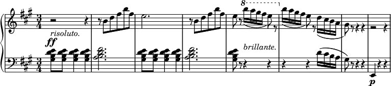 
 \relative c' {
  \new PianoStaff <<
   \new Staff { \key fis \minor \time 3/4
    \tempo \markup {
     \column {
 }
   }
     r2_\markup { \italic risoluto. } r4 r8 b' d fis b fis e2. r8 b d fis b fis e8 r \ottava #1 \set Staff.ottavation = #"8"
       \voiceTwo b''16( a gis fis e8) r \ottava #0 b16( a gis fis e8) r d16( cis b a gis8) r r4 r r2 r4
   }
   \new Dynamics {
    s2\ff s4 s8 s s s s s s2. s8 s s s s s s8 s s16_\markup { \italic brillante. }
      }
   \new Staff { \key fis \minor \time 3/4 \clef bass
      <gis, b d e>8 <gis b d e> <gis b d e>4 <gis b d e> <a b d fis>2. <gis b d e>8 <gis b d e> <gis b d e>4 <gis b d e> <a b d fis>2. <gis b d e>8 r r4 r r r d'16( cis b a gis8) r r4 r e,\p r r
   }
  >>
 }
