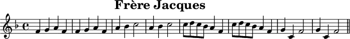 
X:1
T:Frère Jacques
M:4/4
L:1/8
K:F
F2 G2 A2 F2 | F2 G2 A2 F2 | A2 B2 c4 | A2 B2 c4 |
cd cB A2 F2 | cd cB A2 F2 | G2 C2 F4 | G2 C2 F4 ||
