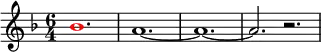 
\relative g'
{  
\time 6/4 
\key f \major
\override Voice.NoteHead.color = #(rgb-color 1 0 0)bes1. \override Voice.NoteHead.color = #(rgb-color 0 0 0)a1.~ a1.~ a2. r2.
} 
