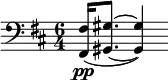 
\relative c' {
  \key d \major
  \numericTimeSignature
  \time 6/4
  \clef bass
     <fis, fis,>16\pp ( <gis gis,>8. ~ <gis gis,>4) 
   }
