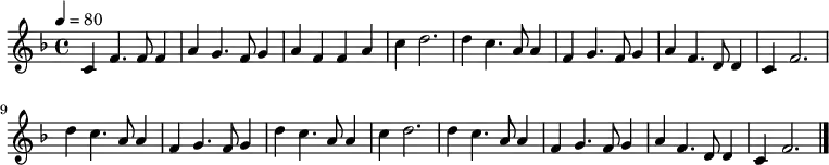 
\relative c' {
\new PianoStaff <<
\new Staff { \key d \minor \time 4/4 \tempo 4 = 80
c4 f4. f8 f4 a4 g4. f8 g4 a4 f4 f4 a4 c4 d2. |
d4 c4. a8 a4 f4 g4. f8 g4 a4 f4. d8 d4 c4 f2. \bar "|"
d'4 c4. a8 a4 f4 g4. f8 g4 d'4 c4. a8 a4 c4 d2. | 
d4 c4. a8 a4 f4 g4. f8 g4 a4 f4. d8 d4 c4 f2. \bar "|."
}
\addlyrics {
 ほ た る の ひ か ー り ま ど の ゆ ー き
 ふ み よ む つ き ー ひ か さ ね つ ー ゝ
 い つ し か と し ー も す ぎ の と ー を
 あ け て ぞ け さ ー は わ か れ ゆ ー く
}
>>
}
