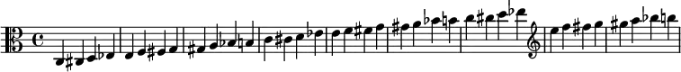 \relative c{\clef alto c cis d ees e f fis g gis a bes b c cis d ees e f fis g gis a bes b c cis d ees \clef treble e f fis g gis a bes b}