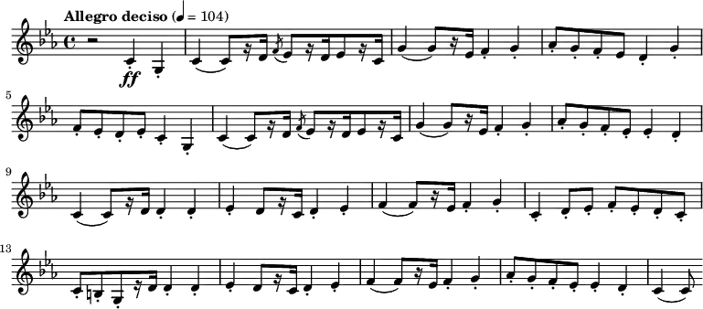 {
 \key c \minor \tempo "Allegro deciso" 4=104 \time 4/4 \relative c' {
r2 c4\ff-. g4-.| c4( c8) [r16 d16] \acciaccatura f8 ees8 [r16 d16 ees8 r16 c16]| g'4( g8) [r16 ees16] f4-. g4-.| aes8-. g8-. f8-. ees8 d4-. g4-.| f8-. ees8-. d8-. ees8-. c4-. g4-.| c4( c8) [r16 d16] \acciaccatura f8 ees8 [r16 d16 ees8 r16 c16]| g'4( g8) [r16 ees16] f4-. g4-.| aes8-. g8-. f8-. ees8-. ees4-. d4-.| c4( c8) [ r16 d16] d4-. d4-.| ees-. d8[ r16 c16] d4-. ees4-.| f4( f8) [ r16 ees16] f4-. g4-.| c,4-. d8-. ees8-. f8-. ees8-. d8-. c8-.| c8-.[ b8-. g8-. r16 d'16] d4-. d4-.| ees4-. d8[ r16 c16] d4-. ees4-.| f4( f8) [ r16 ees16] f4-. g4-.| aes8-. g8-. f8-. ees8-. ees4-. d4-.| c4( c8)
 }
}