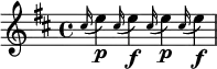 
\transpose g a {   %将C调转为E调，显示效果与固定调写法相同
  \relative c'' {
     \key c \major  
       \appoggiatura b16 d4_\markup{\dynamic p} \appoggiatura b16 d4_\markup{\dynamic f} \appoggiatura b16 d4_\markup{\dynamic p} \appoggiatura b16 d4_\markup{\dynamic f}
  }                                 
}
