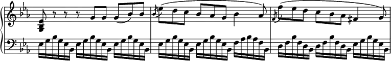 
 \relative c' {
  \new PianoStaff <<
  \new Staff \with { \remove "Time_signature_engraver" } { \key es \major \time 9/8 \tempo 8 = 96
   \set Score.tempoHideNote = ##t
   <es bes g>8 r r r g g g( bes) bes \acciaccatura bes es( d c bes aes g bes4 aes8) \acciaccatura f f'( es d c bes aes fis4 g8)
  }
   \new Staff \with { \remove "Time_signature_engraver" } { \key es \major \time 9/8 \clef bass 
    ees,16 g bes g ees bes ees16 g bes g ees bes ees16 g bes g ees bes | ees16 g bes g ees bes ees16 g bes g ees bes f' aes bes aes f bes, | d f bes f d bes  d f bes f d bes ees g bes g ees bes |
   }
  >>
 }
