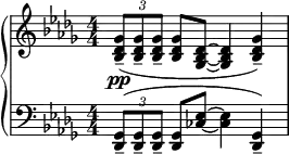 
\relative b' {
  \new PianoStaff <<
   \new Staff {
     \numericTimeSignature \key des \major \time 4/4
      \tuplet 3/2 {<ges des bes>8--\pp( <ges des bes>-- <ges des bes>--}
       <ges des bes> <des bes ges> ~ <des bes ges>4 <ges des bes>--)|
     }
   \new Staff { 
    \numericTimeSignature \key des \major \time 4/4 \clef bass
    \tuplet 3/2 {<ges,, des>8--( <ges des>-- <ges des>-- } 
    <ges des> <ces es> ~ <ces es>4 <ges des>)-- |
    }
  >>
 }
