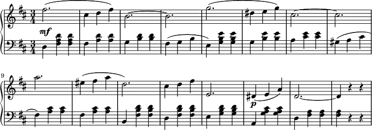 
 \relative c' {
  \new PianoStaff <<
   \new Staff { \key b \minor \time 3/4
    \tempo \markup {
     \column {
 }
   }
      fis'2.( cis4 d fis) b,2.~ b g'( dis4 e g) cis,2.~ cis a' eis4( fis a d,2.) cis4 d fis e,2. dis4\p( e a) d,2.~ d4 r r
   }
   \new Dynamics {
    s\mf
      }
   \new Staff { \key b \minor \time 3/4 \clef bass
      d, <fis a d> <fis a d> fis <a d> <a d> g <b d> <b d> fis( g b e,) <g b e> <g b e> g <b e> <b e> a <cis e> <cis e> gis( a cis fis,) <a cis> <a cis> fis <a cis> <a cis> b, <fis' b d> <fis b d> d <fis b d> <fis b d> e <g b d> <g b d> a, <g' a cis> <g a cis> d <fis a> <fis a> <fis a> r r
   }
  >>
 }
