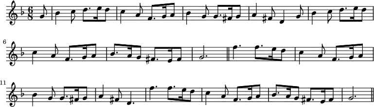 

\new Staff {
  \time 6/8
  \clef treble
  \key f \major
  \relative c'' {
    \partial8 g8
    bes4 c8 d8. e16 d8
    c4 a8 f8. g16 a8
    bes4 g8 g8.fis16 g8
    a4 fis8 d4 g8
    bes4 c8 d8. e16 d8
    c4 a8 f8. g16 a8
    bes8. a16 g8 fis8. e16 fis8
    g2. \bar "||"
    f'4. f8. e16 d8
    c4 a8 f8. g16 a8
    bes4 g8 g8. fis16 g8
    a4 fis8 d4.
    f'4. f8. e16 d8
    c4 a8 f8. g16 a8
    bes8. a16 g8 fis8. e16 fis8
    g2. \bar "||"
  }
}
