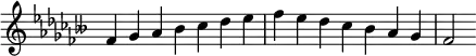   {
\override Score.TimeSignature #'stencil = ##f
\relative c' {
  \clef treble \key fes \major \time 7/4 fes4 ges aes beses ces des ees fes ees des ces beses aes ges fes2
} }
