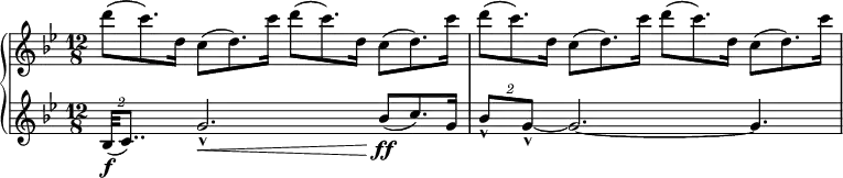 
\relative b' {
  \new PianoStaff <<
   \new Staff { 
    \numericTimeSignature \key bes \major \time 12/8
     d'8\ff\>( c8.) d,16 c8\<( d8.) c'16 d8\ff\>( c8.) d,16 c8\<( d8.) c'16 |
     d8\ff\>( c8.) d,16 c8\<( d8.) c'16 d8\ff\>( c8.) d,16 c8\<( d8.) c'16
    }
   \new Staff {
    \numericTimeSignature \key bes \major \time 12/8
     \tuplet 2/3 { bes,,32\f( c8..) } g'2.-^\< bes8\ff( c8.) g16 | 
     \tuplet 2/3 { bes8-^ g-^~ } g2.~ g4.  
    }
   >>
  }
