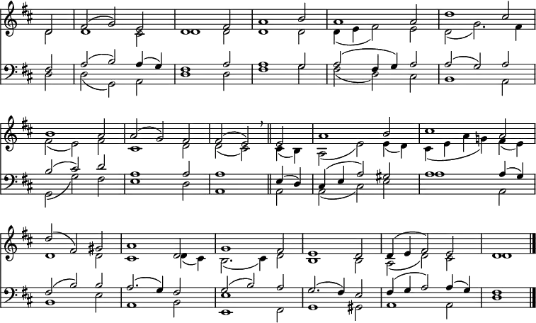 
<< <<
\new Staff { \clef treble \time 3/2 \partial 2 \key d \major \set Staff.midiInstrument = "flute" \omit Staff.TimeSignature \set Score.tempoHideNote = ##t \override Score.BarNumber  #'transparent = ##t
  \relative c'
  << { d2 | fis( g) e | d1 fis2 | a1 b2 | a1 a2 | d1 cis2 | \break
  b1 a2 | a( g) fis | fis( e) \breathe \bar"||" e | a1 b2 | cis1 a2 |
  d( fis,) gis | a1 d,2 | g1 fis2 | e1 d2 | d4( e fis2) e | d1 \bar"|." } \\
  { d2 | d1 cis2 | d1 d2 | d1 d2 | d4( e fis2) e | d( g2.) fis4 |
  fis2( e) fis | cis1 d2 | d( cis) cis4( b) | a2( e') e4( d) | cis( e a g!) fis( e) |
  d1 d2 | cis1 d4( cis) | b2.( cis4) d2 | b1 b2 | a( d) cis | d1 } >>
}
\new Staff { \clef bass \key d \major \set Staff.midiInstrument = "flute" \omit Staff.TimeSignature
  \relative c
  << { fis2 | a( b) a4( g) | fis1 a2 | a1 g2 | a( fis4 g) a2 | a( g) a |
  b( cis) d | a1 a2 | a1 e4( d) | cis( e a2) gis | a1 a4( g) | 
  fis2( b) b | a2.( g4) fis2 | g( b) a | g2.( fis4) e2 | fis4( g a2) a4( g) | fis1 } \\
  { d2 | d( g,) a | d1 d2 | fis1 g2 | fis( d) cis | b1 a2 | 
  g( g') fis | e1 d2 | a1 a2 | a( cis) e | a1 a,2 |
  b1 e2 | a,1 b2 | <e e,>1 fis,2 | g1 gis2 | a1 a2 | d1 } >>
}
>> >>
\layout { indent = #0 }
\midi { \tempo 2 = 68 }
