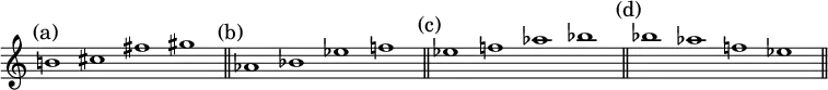
\relative c' {
  \numericTimeSignature
  \time 4/1
   \mark " (a)" b'!1 cis fis gis \bar "||" 
   \mark " (b)" aes, bes ees f! \bar "||"
   \mark " (c)" ees f! aes bes \bar "||"
   \mark " (d)" bes aes f! ees \bar "||"
   }
   \layout { \context { \Staff \remove "Time_signature_engraver"  } }
