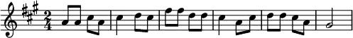 {\key a \major \time 2/4 a'8 a' cis'' a' cis''4 d''8 cis'' fis'' fis'' d'' d'' cis''4 a'8 cis'' d'' d'' cis'' a' gis'2}