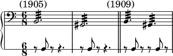 
\relative c' {
  \new PianoStaff <<
   \new Staff { 
     \numericTimeSignature \key c \major \time 6/8 \clef bass
      \mark " (1905)" b,2.:32\> | gis:32
      \bar "||" 
      \mark " (1909)" b4.:32\> gis:32 | 
   }
   \new RhythmicStaff { \time 6/8
     r8 b8 r r4. | r8 b8 r r4.
     \bar "||"
     r8 b r r b r 
    }
   >>
  }
