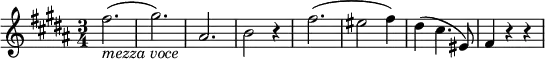 
\relative fis'' {
\key b \major \time 3/4
fis2.( _\markup { \italic "mezza voce" } | gis2.) | ais,2. | b2 r4
fis'2.( | eis2 fis4) | dis4( cis4. eis,8) | fis4 r r
} 
