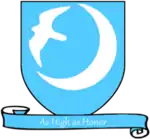 A coat of arms showing a white falcon flying out of a white moon on a sky blue field