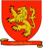 A coat of arms showing a golden lion on a red field