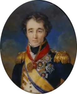 Oval painting of a hatless man with curly hair and thick eyebrows. He wears a blue naval uniform with a white waistcoat, gold sash and epualettes, and a number of decorations.