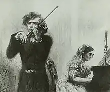 A violinist and a pianist playing, with her sitting at the piano partly shown on the right, while he plays towards the left, more in the foreground