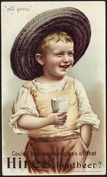 Drawing of a boy holding an empty glass asking for more root beer, evidenced by bad contrast superimposed text