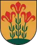 A coat of arms depicting three flowers that have red petals, green stalks, and green leaves all sprouting from green earth