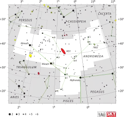 Diagram showing star positions and boundaries of the Andromeda constellation and its surroundings