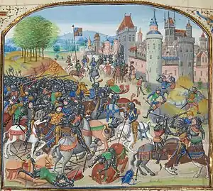 A colourful image of late-Medieval knights fighting outside a walled town