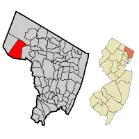 突出顯示富蘭克林湖在卑爾根縣內位置的地圖。插圖：卑爾根縣在新澤西州的位置