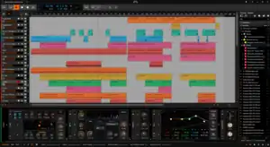 Bitwig Studio 3.2.1 的编曲窗口，下方为自带插件