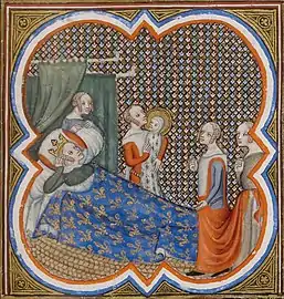 Enluminure représentant la naissance de Saint Louis. Blanche de Castille est alitée, entourée de trois femmes de chambre, dont l'une porte le nouveau-né auréolé.