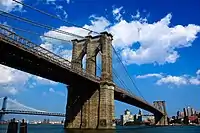 View of the Brooklyn Bridge from Manhattan; the East River is in the foreground